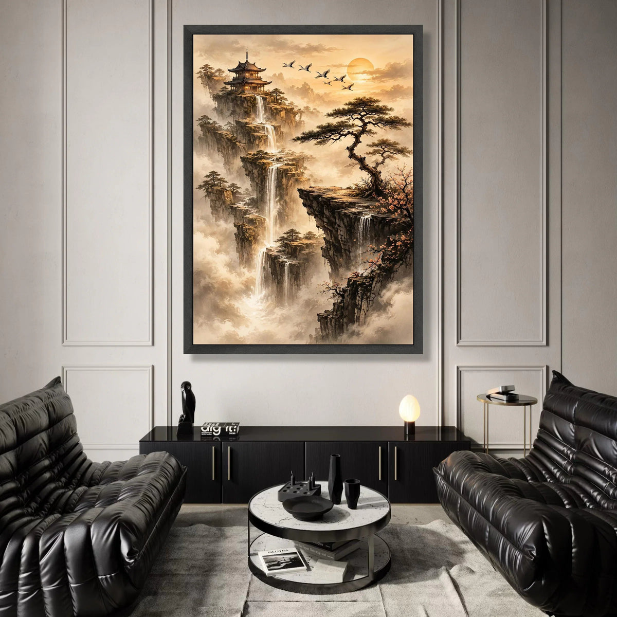 Tranquil Asian Mountain Landscape Canvas, Waterfall Cliff Scene, Pagoda and Pine Tree Wall Art, Serenity Nature Decor, Canvas Print Art