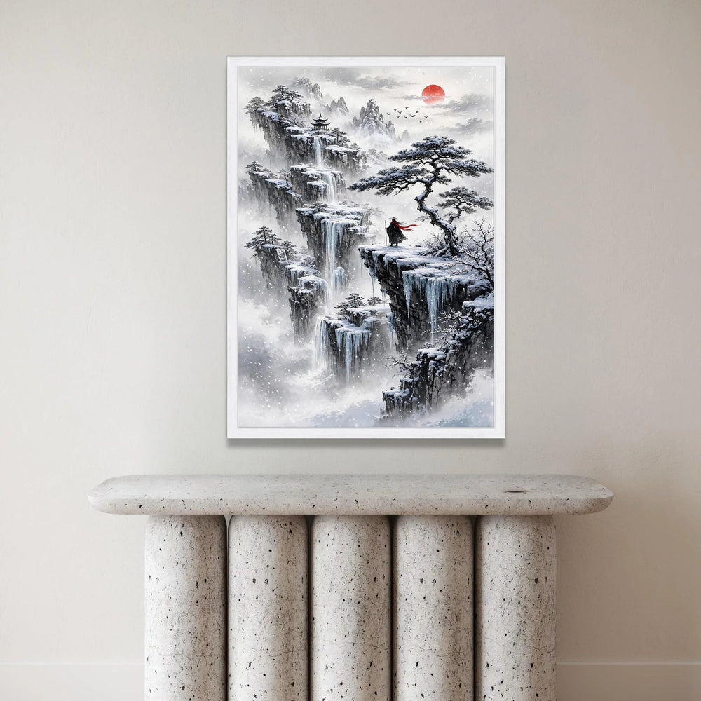 Snowy Mountain Landscape Canvas, Asian Waterfall Wall Art, Winter Tree Scene, Red Sun Sunset Canvas, Meditation Home Decor, Canvas Print Art