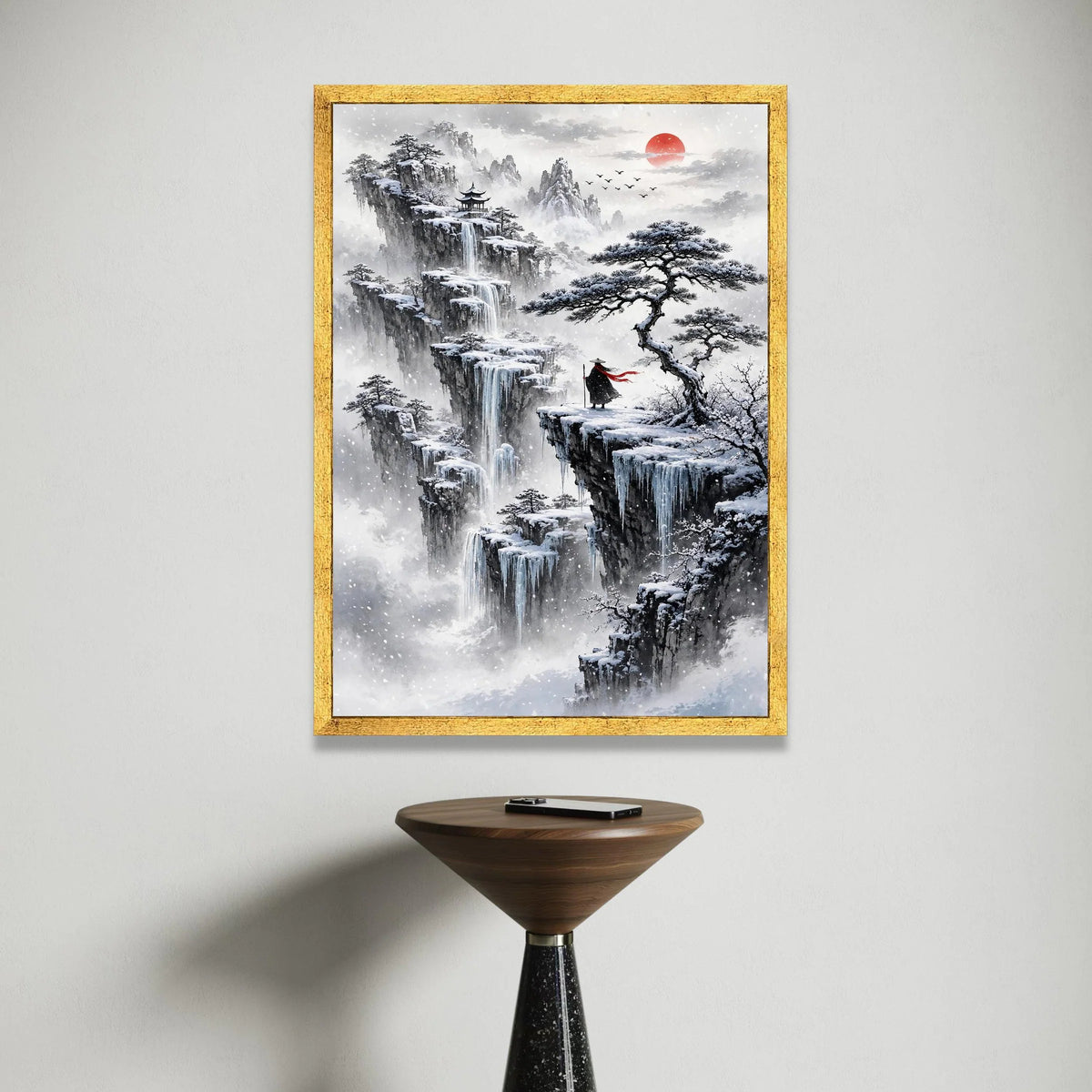 Snowy Mountain Landscape Canvas, Asian Waterfall Wall Art, Winter Tree Scene, Red Sun Sunset Canvas, Meditation Home Decor, Canvas Print Art