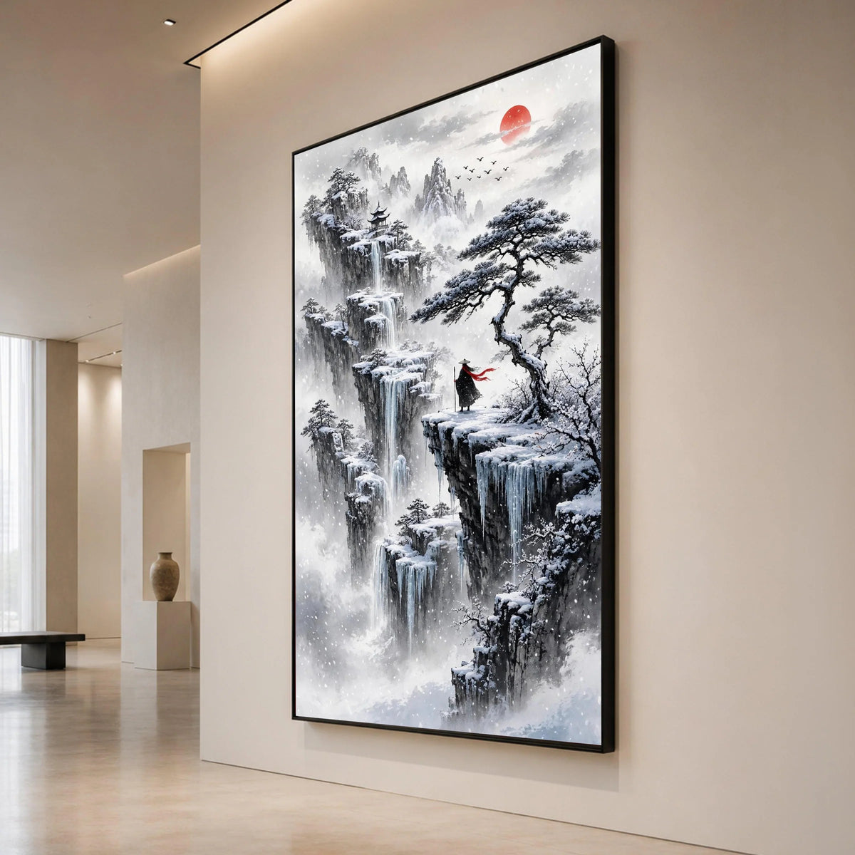 Snowy Mountain Landscape Canvas, Asian Waterfall Wall Art, Winter Tree Scene, Red Sun Sunset Canvas, Meditation Home Decor, Canvas Print Art