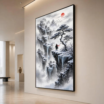 Snowy Mountain Landscape Canvas, Asian Waterfall Wall Art, Winter Tree Scene, Red Sun Sunset Canvas, Meditation Home Decor, Canvas Print Art
