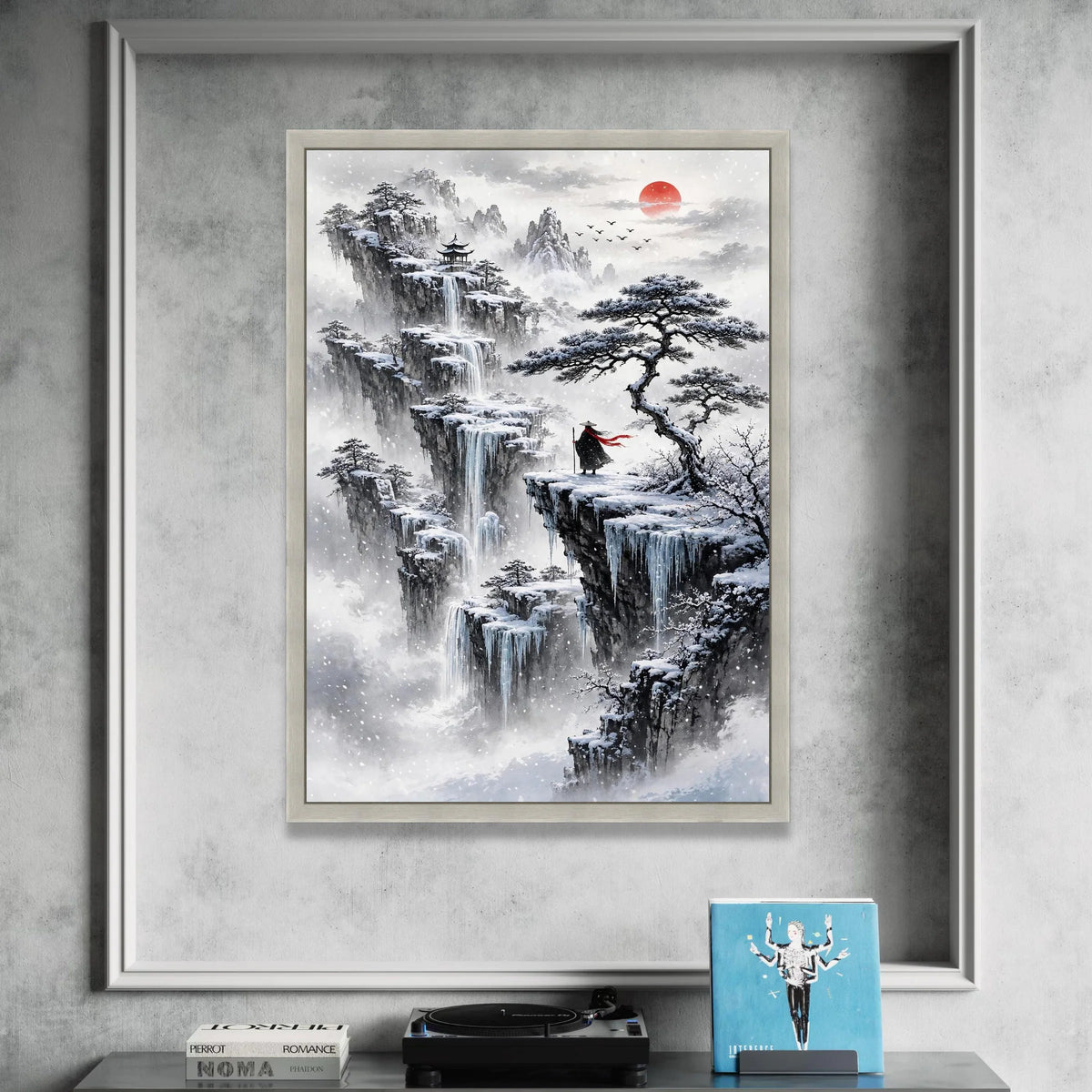 Snowy Mountain Landscape Canvas, Asian Waterfall Wall Art, Winter Tree Scene, Red Sun Sunset Canvas, Meditation Home Decor, Canvas Print Art