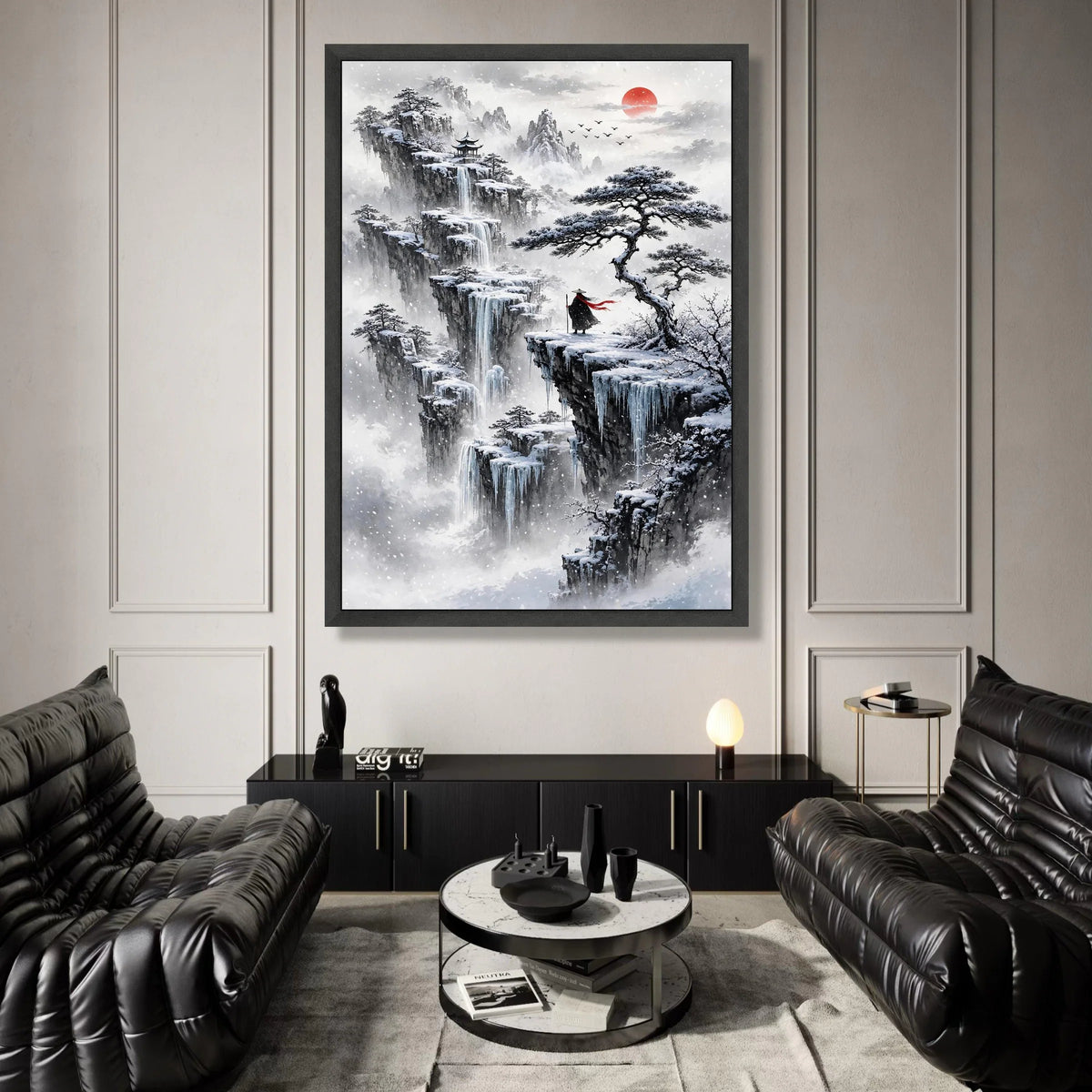 Snowy Mountain Landscape Canvas, Asian Waterfall Wall Art, Winter Tree Scene, Red Sun Sunset Canvas, Meditation Home Decor, Canvas Print Art