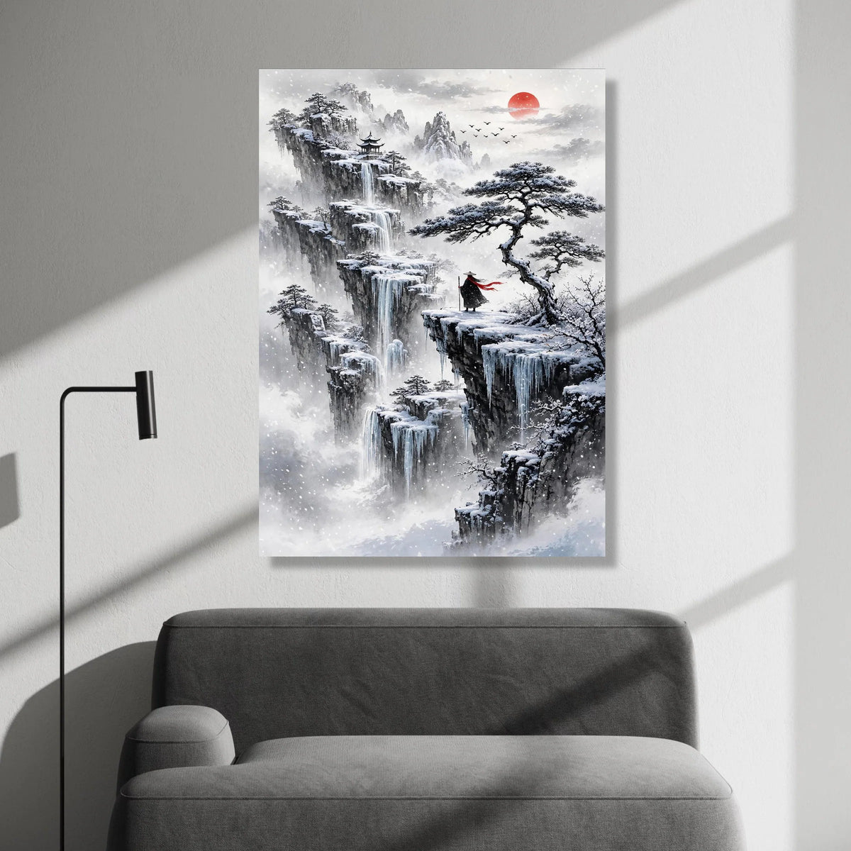 Snowy Mountain Landscape Canvas, Asian Waterfall Wall Art, Winter Tree Scene, Red Sun Sunset Canvas, Meditation Home Decor, Canvas Print Art
