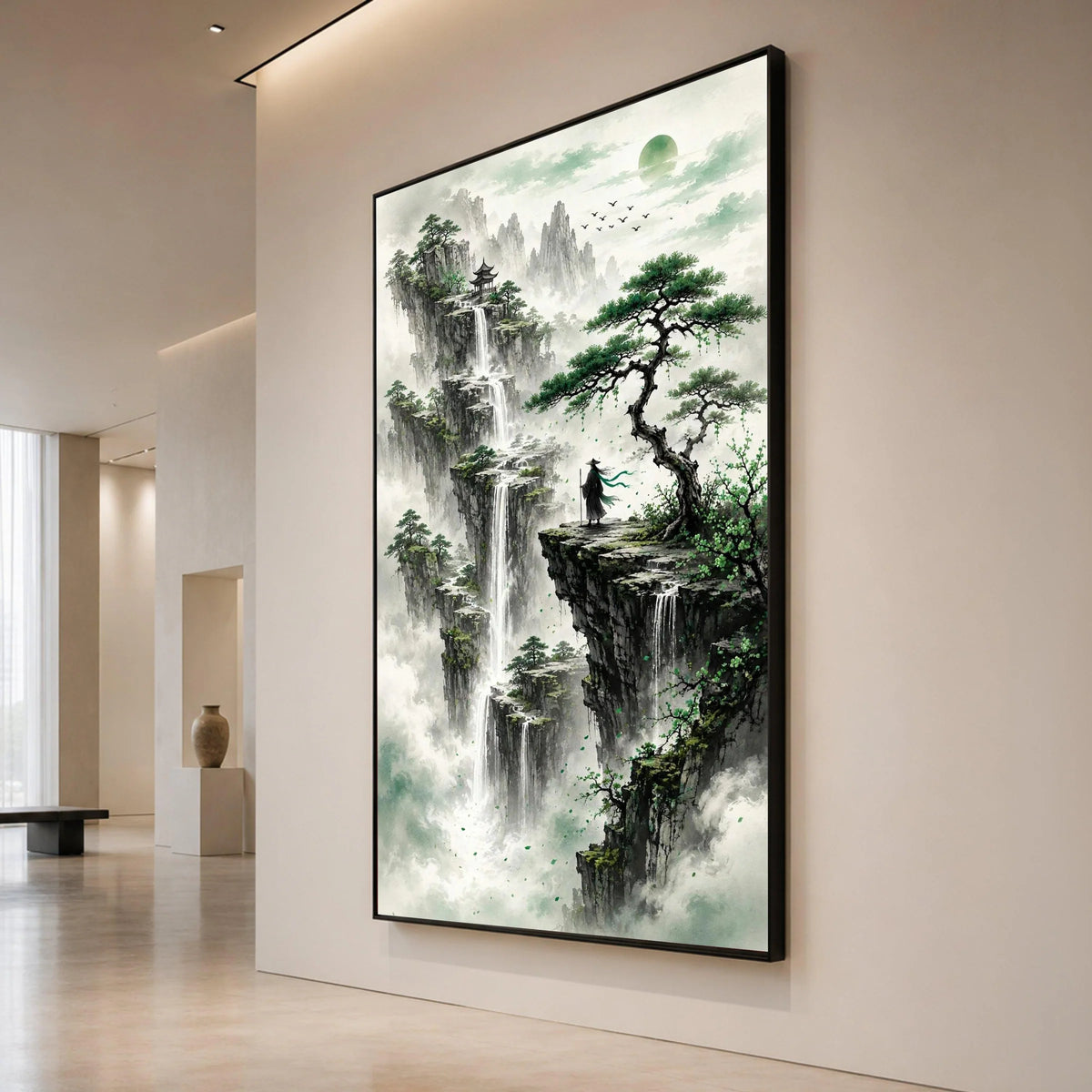 Mystical Mountain Waterfalls, Asian Landscape Canvas, Zen Nature Wall Art, Meditative Scene Canvas, Serene Home Decoration Canvas Print Art