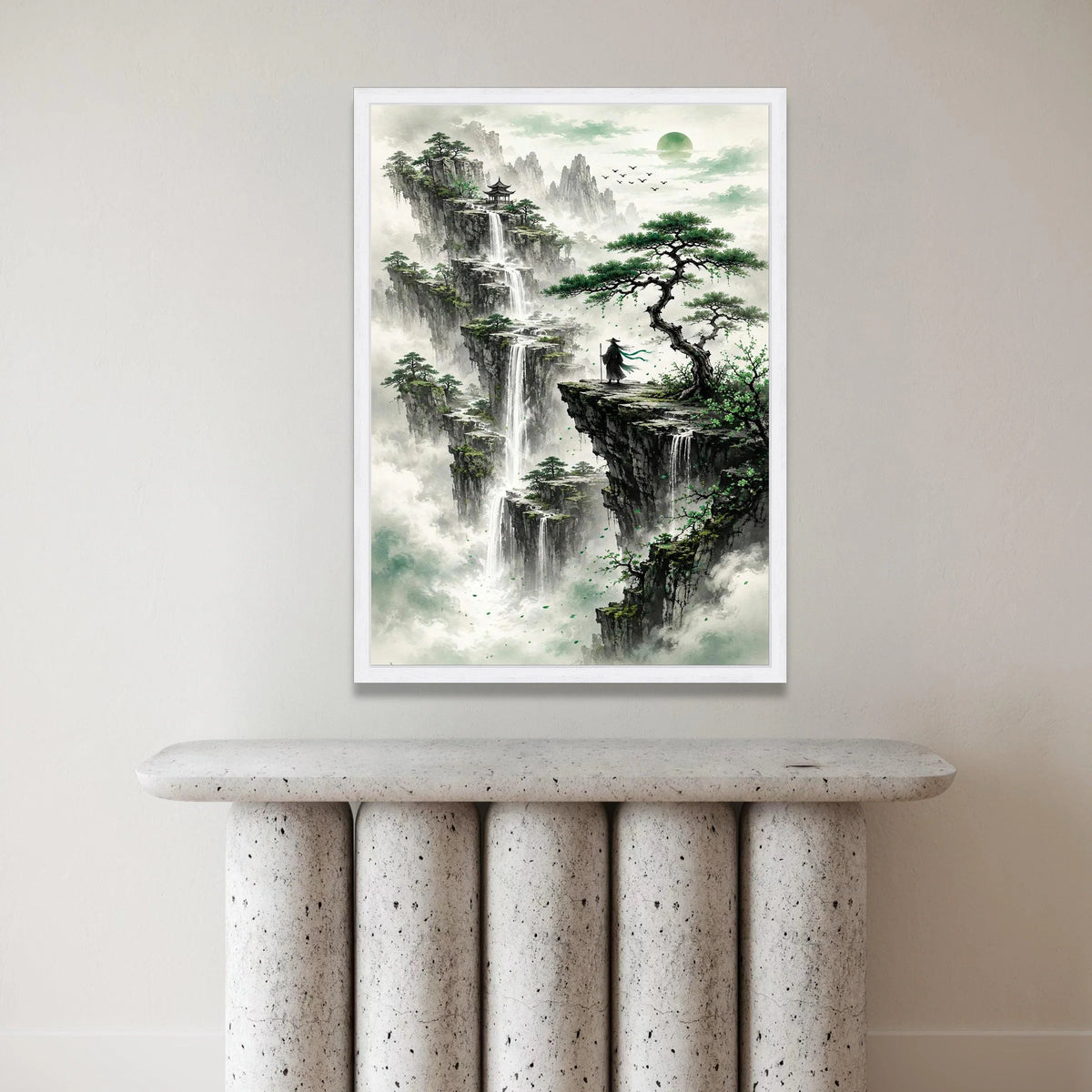 Mystical Mountain Waterfalls, Asian Landscape Canvas, Zen Nature Wall Art, Meditative Scene Canvas, Serene Home Decoration Canvas Print Art