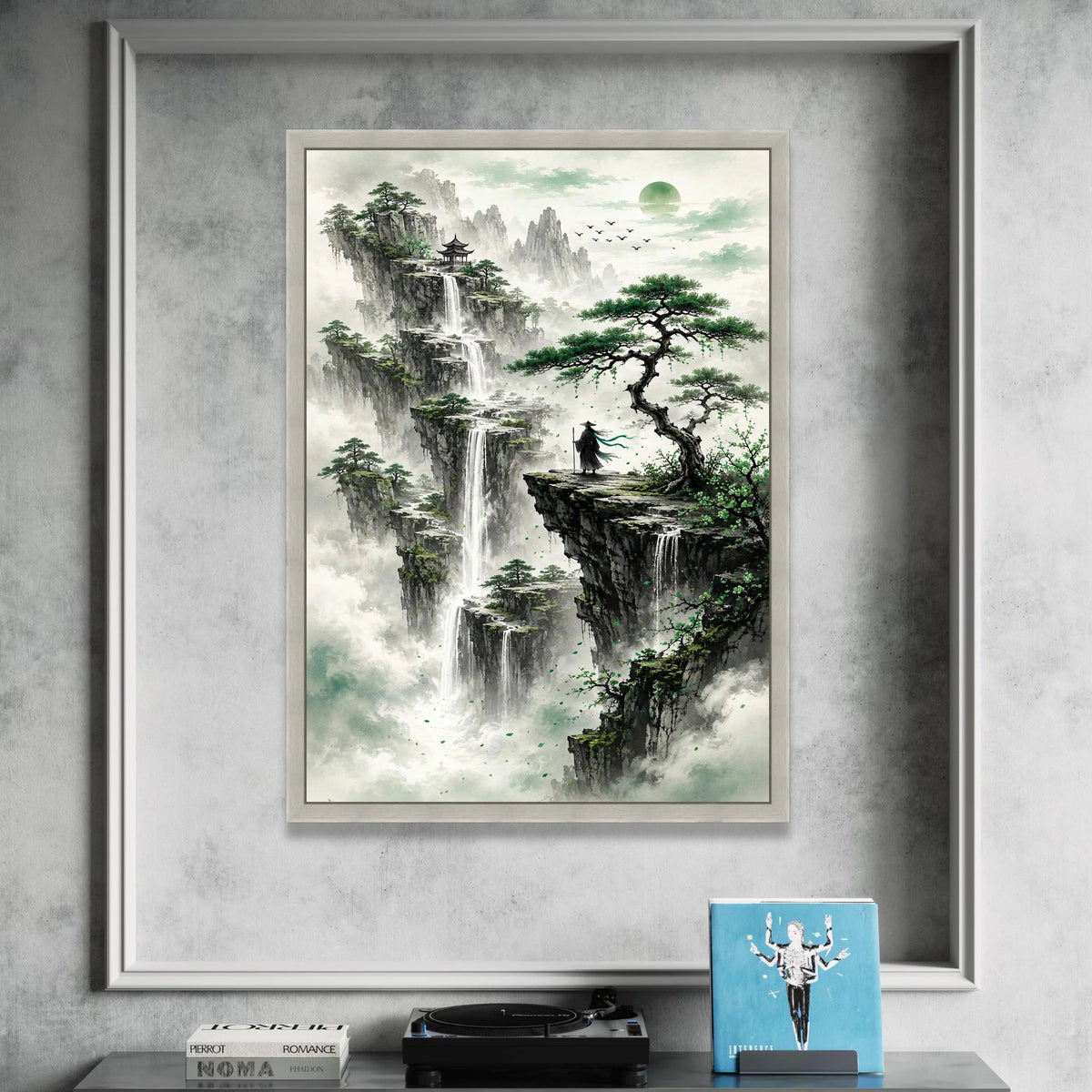 Mystical Mountain Waterfalls, Asian Landscape Canvas, Zen Nature Wall Art, Meditative Scene Canvas, Serene Home Decoration Canvas Print Art