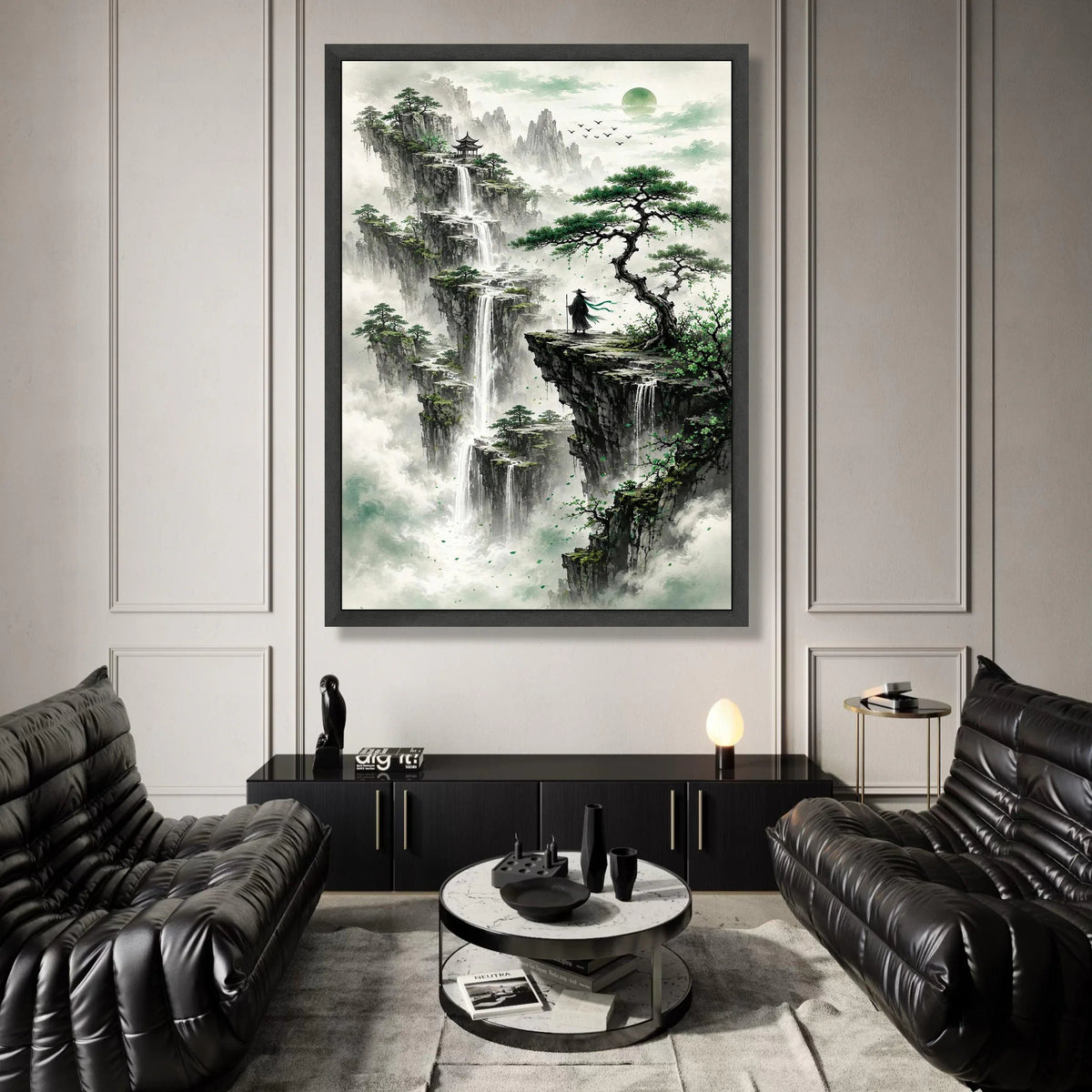 Mystical Mountain Waterfalls, Asian Landscape Canvas, Zen Nature Wall Art, Meditative Scene Canvas, Serene Home Decoration Canvas Print Art