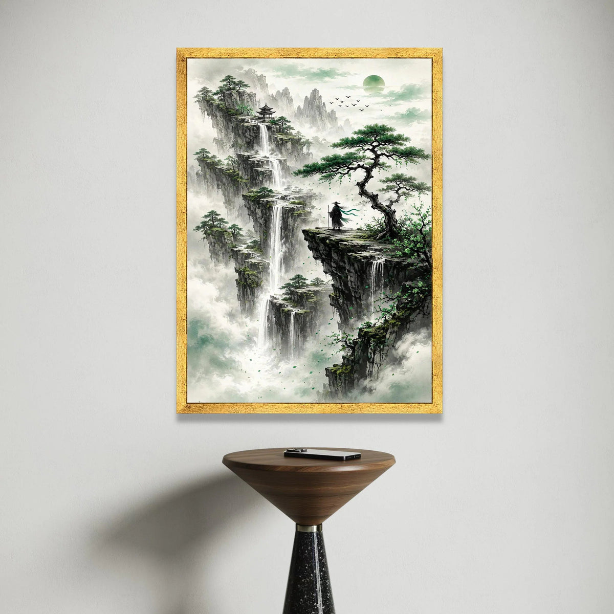 Mystical Mountain Waterfalls, Asian Landscape Canvas, Zen Nature Wall Art, Meditative Scene Canvas, Serene Home Decoration Canvas Print Art