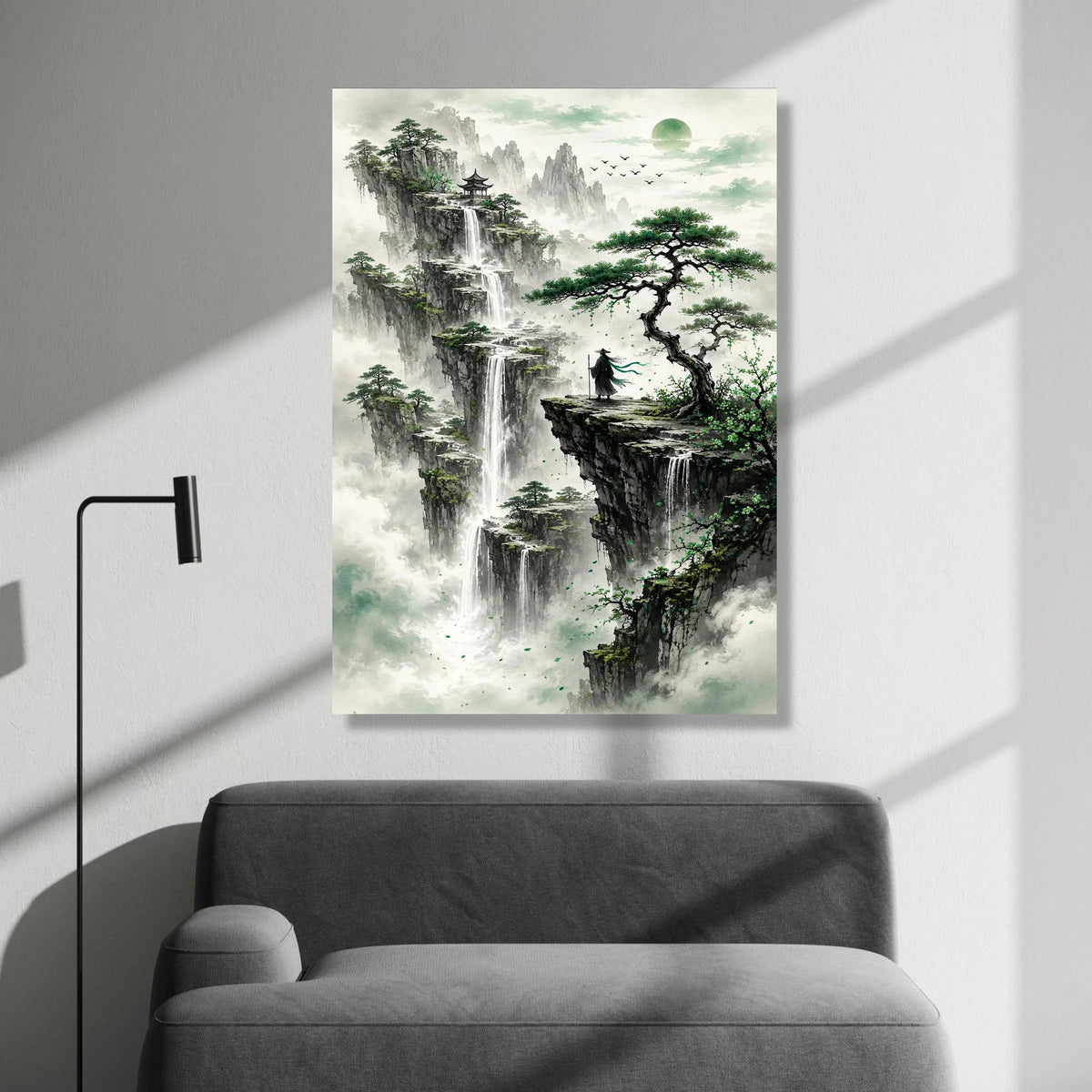 Mystical Mountain Waterfalls, Asian Landscape Canvas, Zen Nature Wall Art, Meditative Scene Canvas, Serene Home Decoration Canvas Print Art