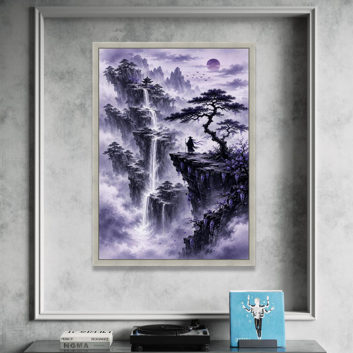 Mystical Mountain Landscape Canvas, Zen Waterfall Scene, Purple Misty Nature Wall Art, Oriental Pagoda Design, Tranquil Canvas Print Art