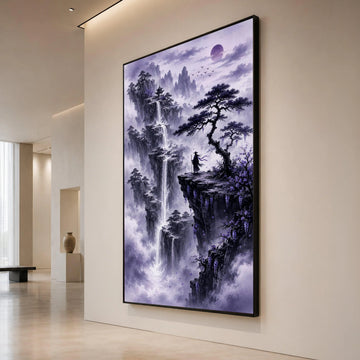 Mystical Mountain Landscape Canvas, Zen Waterfall Scene, Purple Misty Nature Wall Art, Oriental Pagoda Design, Tranquil Canvas Print Art