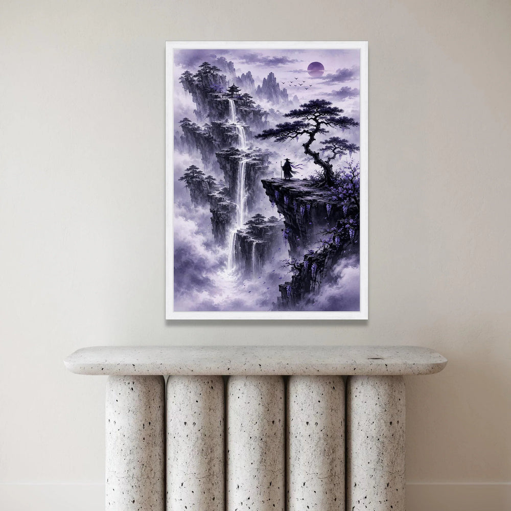 Mystical Mountain Landscape Canvas, Zen Waterfall Scene, Purple Misty Nature Wall Art, Oriental Pagoda Design, Tranquil Canvas Print Art