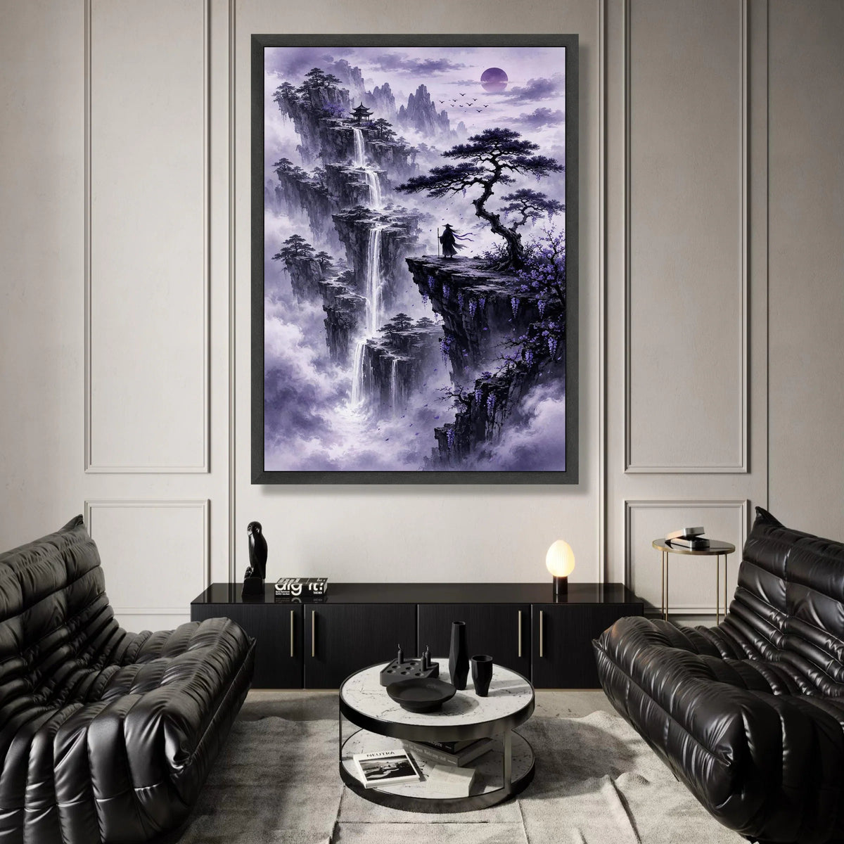Mystical Mountain Landscape Canvas, Zen Waterfall Scene, Purple Misty Nature Wall Art, Oriental Pagoda Design, Tranquil Canvas Print Art