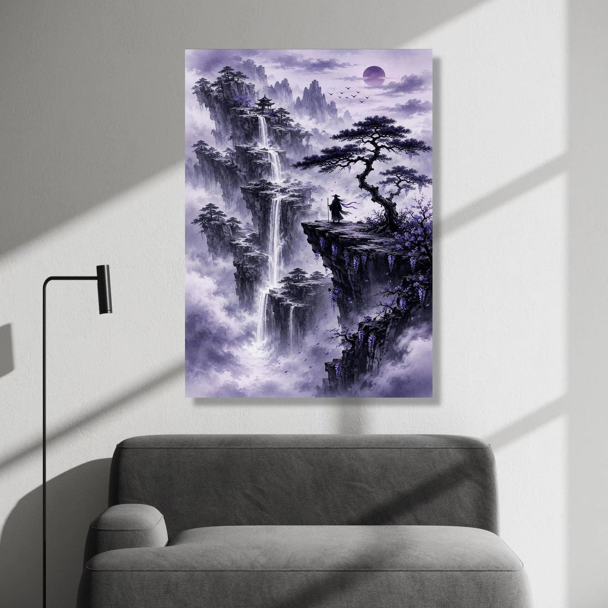 Mystical Mountain Landscape Canvas, Zen Waterfall Scene, Purple Misty Nature Wall Art, Oriental Pagoda Design, Tranquil Canvas Print Art