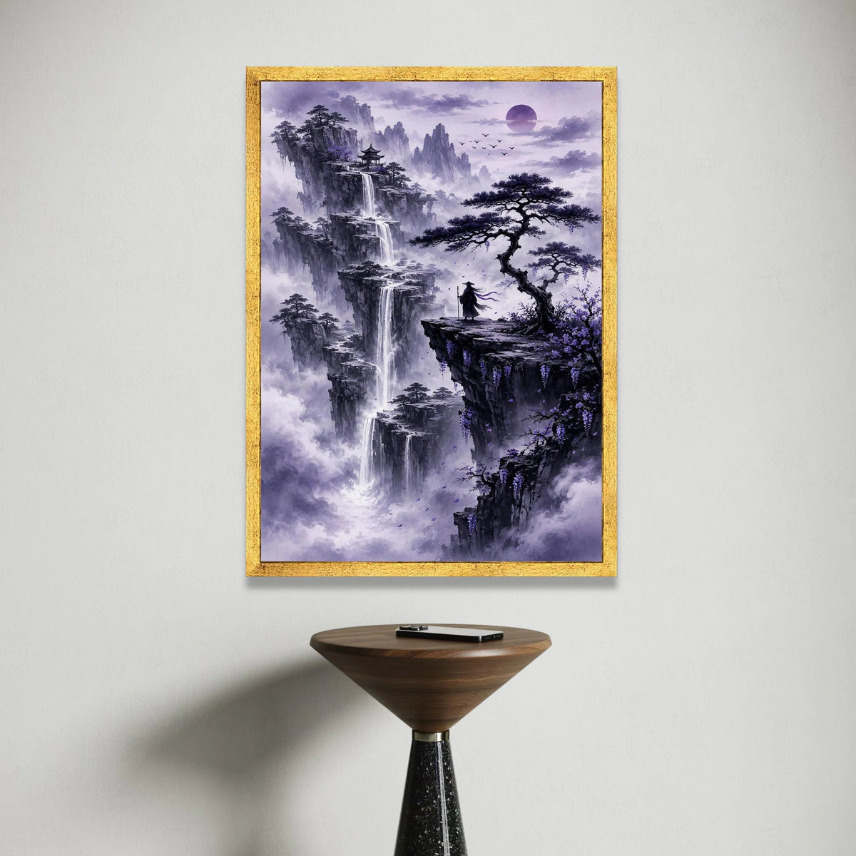 Mystical Mountain Landscape Canvas, Zen Waterfall Scene, Purple Misty Nature Wall Art, Oriental Pagoda Design, Tranquil Canvas Print Art