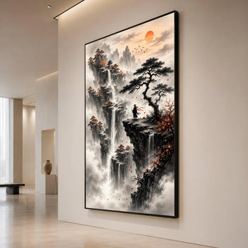 Misty Mountain Waterfalls Canvas, Asian Landscape Wall Art, Autumn Pines and Pagoda, Sunrise Nature Scene Canvas, Zen Canvas Print Art