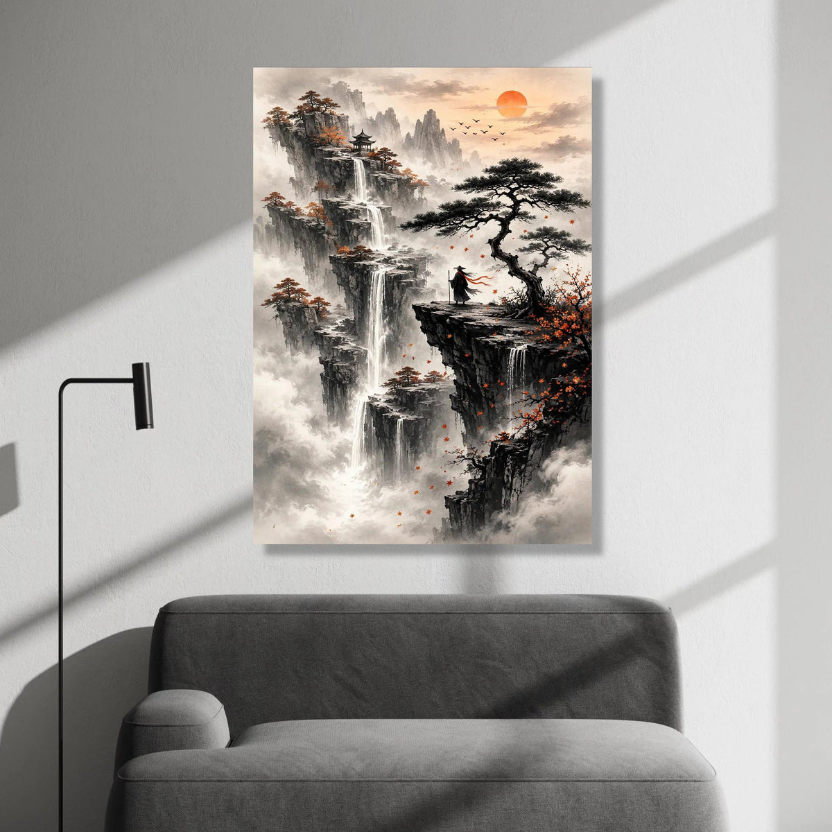 Misty Mountain Waterfalls Canvas, Asian Landscape Wall Art, Autumn Pines and Pagoda, Sunrise Nature Scene Canvas, Zen Canvas Print Art