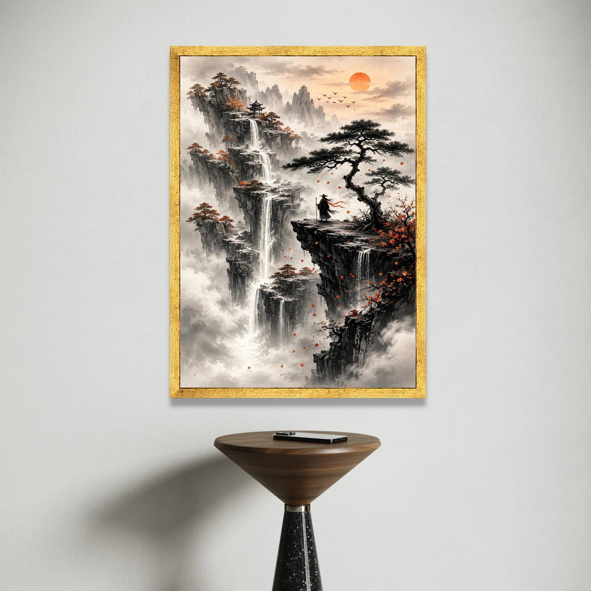 Misty Mountain Waterfalls Canvas, Asian Landscape Wall Art, Autumn Pines and Pagoda, Sunrise Nature Scene Canvas, Zen Canvas Print Art