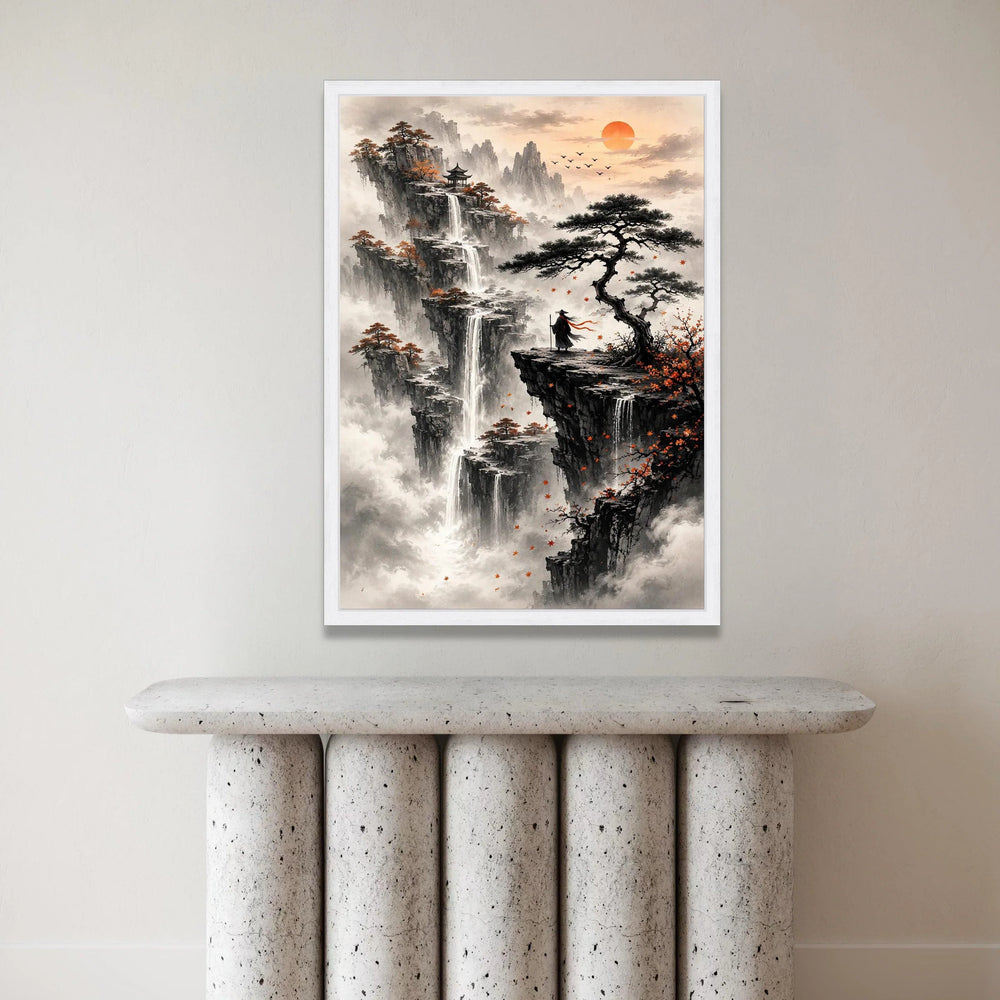 Misty Mountain Waterfalls Canvas, Asian Landscape Wall Art, Autumn Pines and Pagoda, Sunrise Nature Scene Canvas, Zen Canvas Print Art
