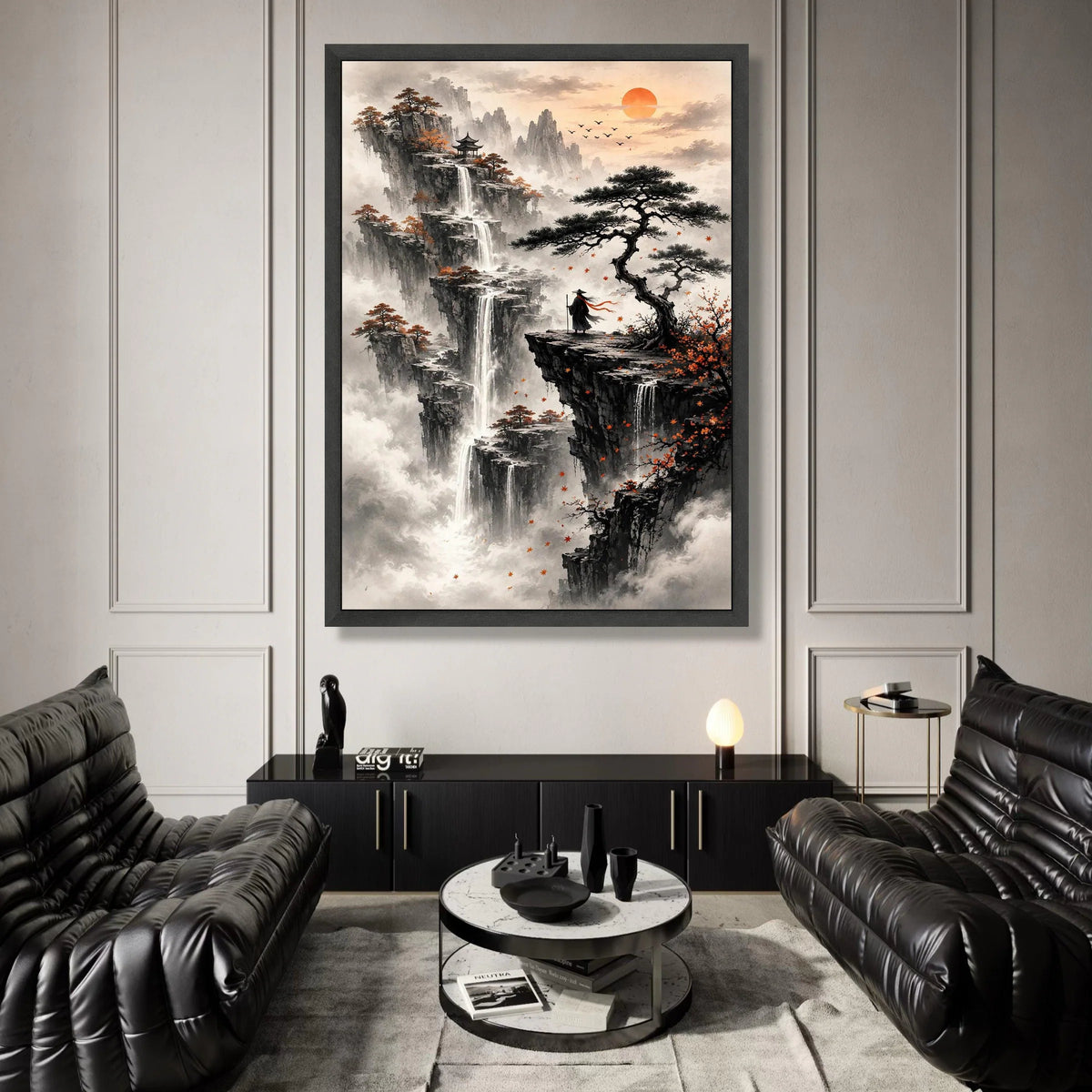 Misty Mountain Waterfalls Canvas, Asian Landscape Wall Art, Autumn Pines and Pagoda, Sunrise Nature Scene Canvas, Zen Canvas Print Art