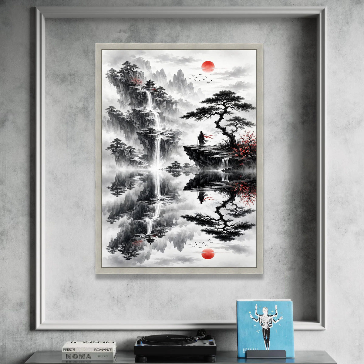 Mountain Landscape Canvas, Asian Waterfall Wall Art, Misty Valley Scene, Red Sun Silhouette, Zen Garden Decor, Meditation Canvas Print Art