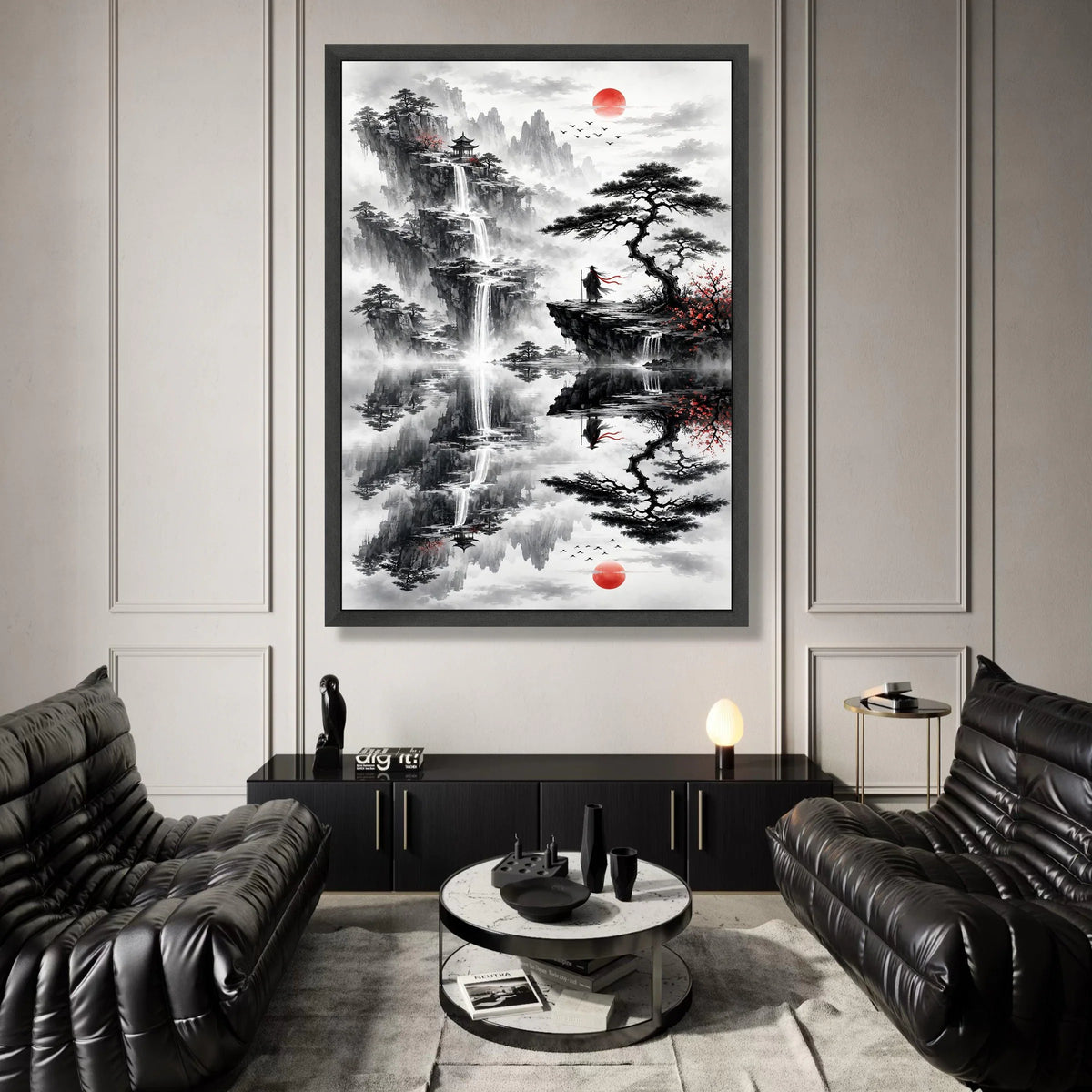 Mountain Landscape Canvas, Asian Waterfall Wall Art, Misty Valley Scene, Red Sun Silhouette, Zen Garden Decor, Meditation Canvas Print Art