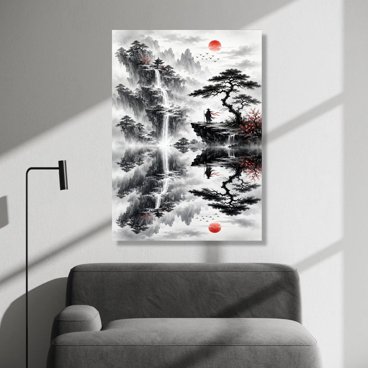 Mountain Landscape Canvas, Asian Waterfall Wall Art, Misty Valley Scene, Red Sun Silhouette, Zen Garden Decor, Meditation Canvas Print Art