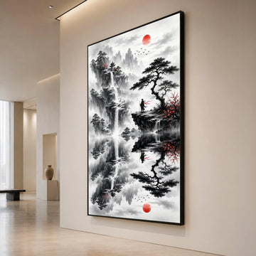 Mountain Landscape Canvas, Asian Waterfall Wall Art, Misty Valley Scene, Red Sun Silhouette, Zen Garden Decor, Meditation Canvas Print Art
