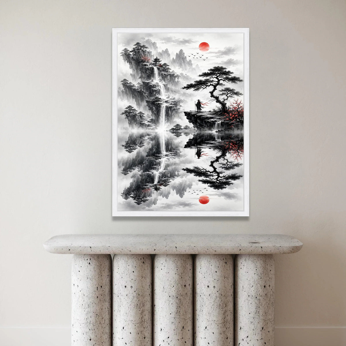 Mountain Landscape Canvas, Asian Waterfall Wall Art, Misty Valley Scene, Red Sun Silhouette, Zen Garden Decor, Meditation Canvas Print Art