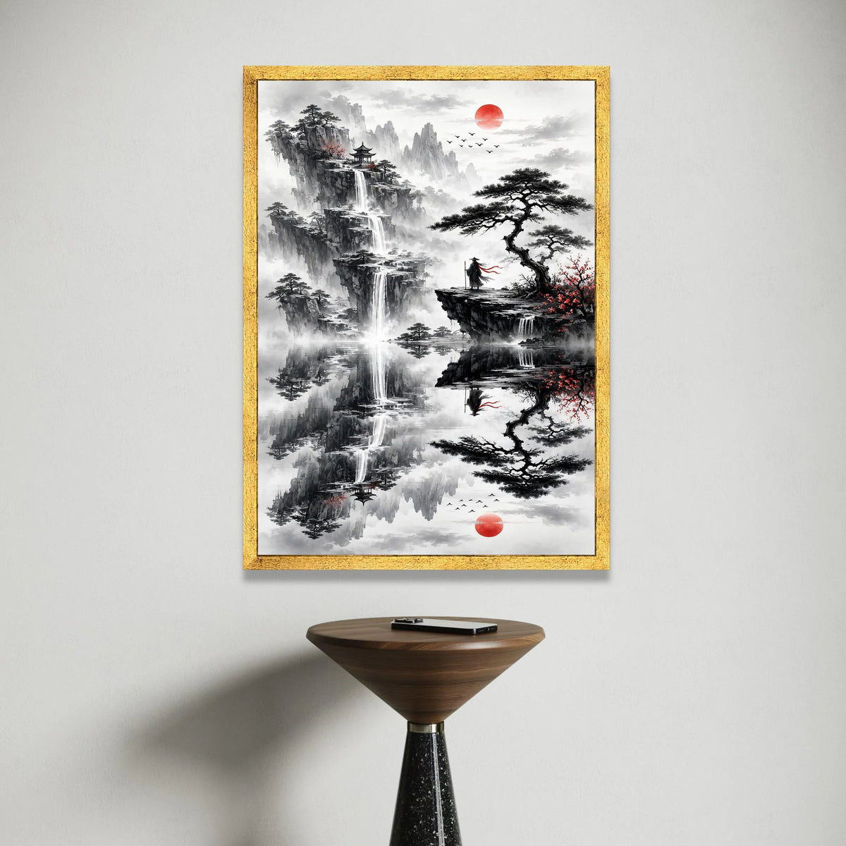 Mountain Landscape Canvas, Asian Waterfall Wall Art, Misty Valley Scene, Red Sun Silhouette, Zen Garden Decor, Meditation Canvas Print Art