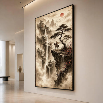 Oriental Mountain Landscape Canvas, Waterfall and Red Sun Wall Art, Asian Nature Scene, Horse Rider on Cliff, Misty Canvas Print Art