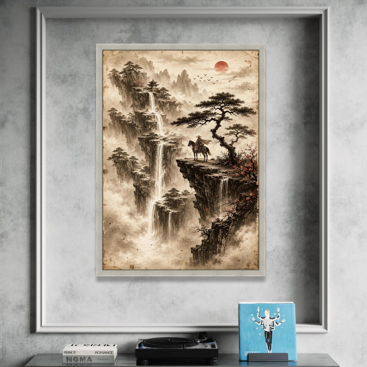 Oriental Mountain Landscape Canvas, Waterfall and Red Sun Wall Art, Asian Nature Scene, Horse Rider on Cliff, Misty Canvas Print Art