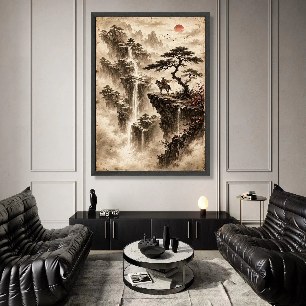 Oriental Mountain Landscape Canvas, Waterfall and Red Sun Wall Art, Asian Nature Scene, Horse Rider on Cliff, Misty Canvas Print Art