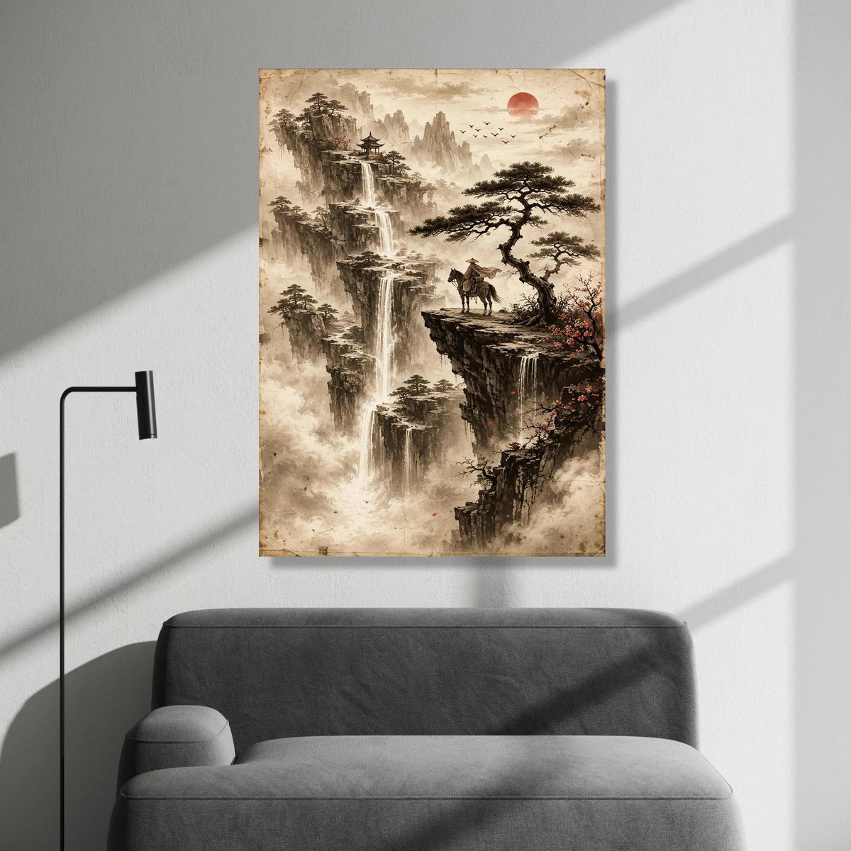 Oriental Mountain Landscape Canvas, Waterfall and Red Sun Wall Art, Asian Nature Scene, Horse Rider on Cliff, Misty Canvas Print Art