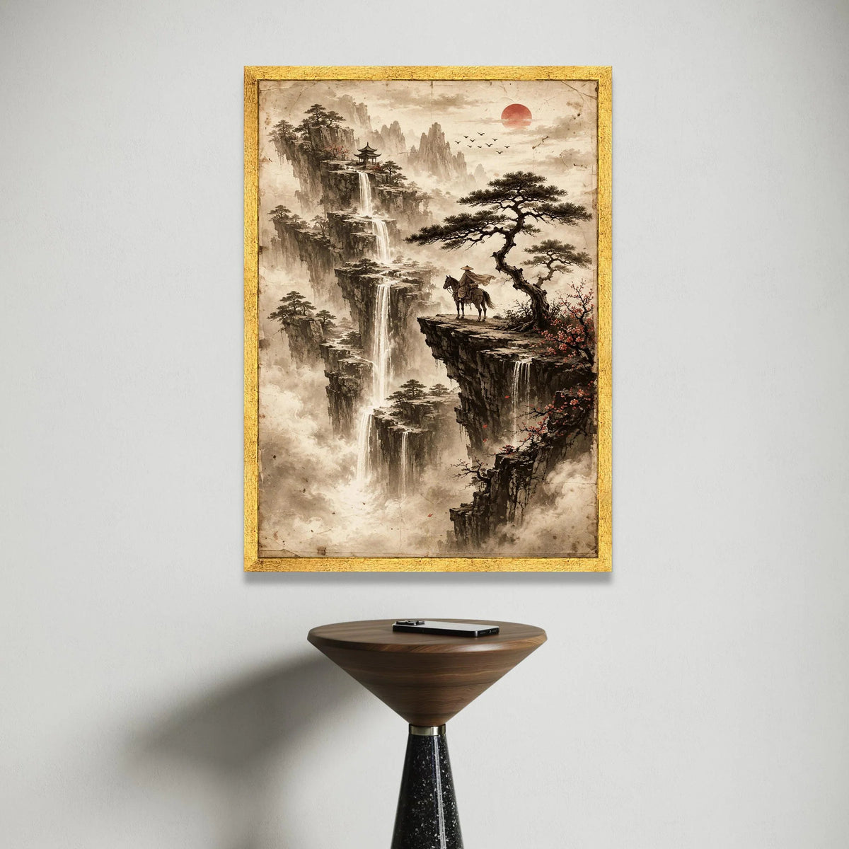 Oriental Mountain Landscape Canvas, Waterfall and Red Sun Wall Art, Asian Nature Scene, Horse Rider on Cliff, Misty Canvas Print Art