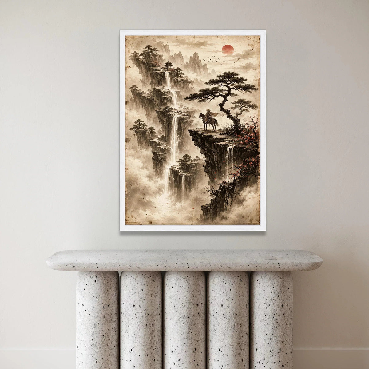 Oriental Mountain Landscape Canvas, Waterfall and Red Sun Wall Art, Asian Nature Scene, Horse Rider on Cliff, Misty Canvas Print Art