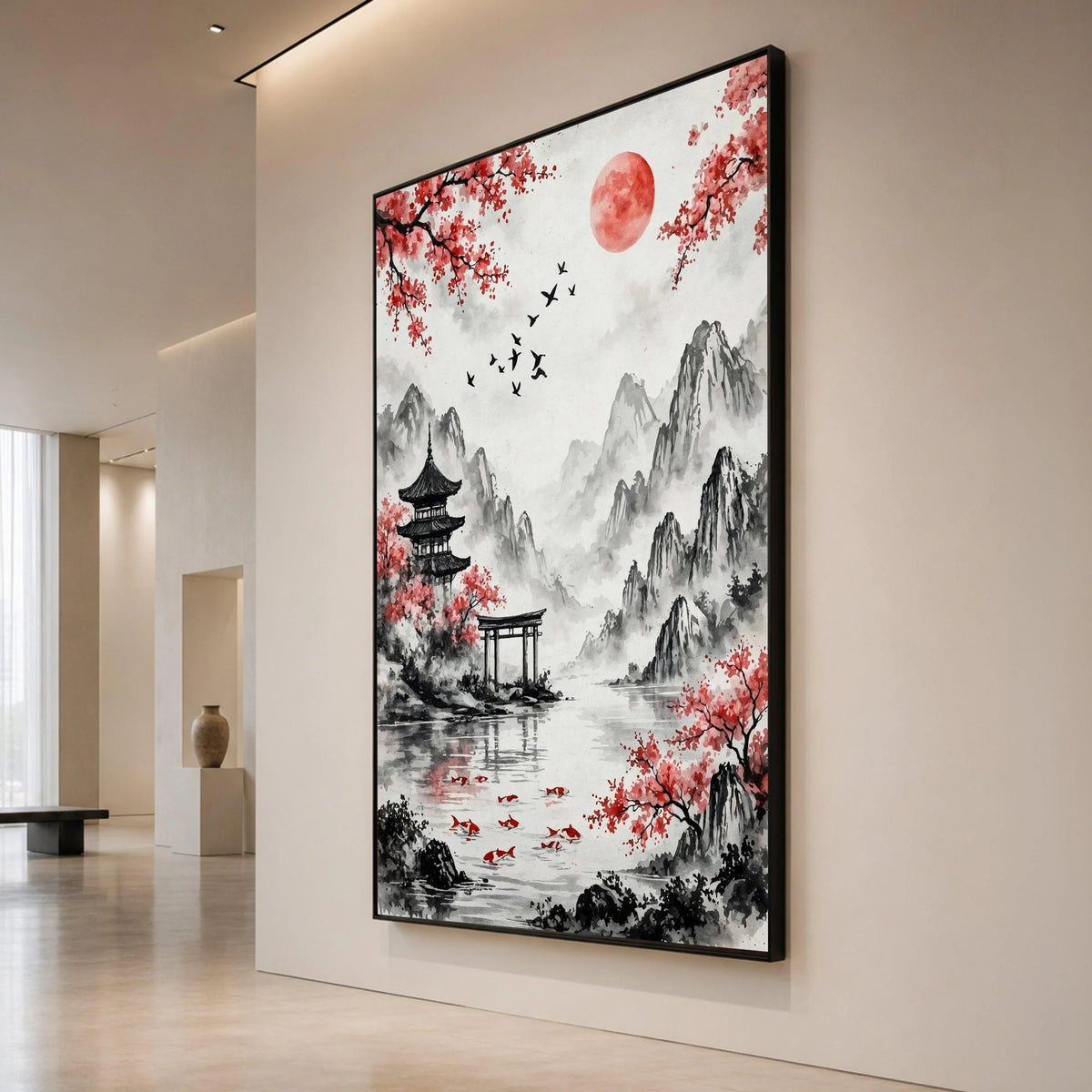 Serene Japanese Landscape Canvas, Cherry Blossom Wall Art, Koi Fish Pond Decoration, Mountain View Canvas, Asian Style Art Canvas Print Art