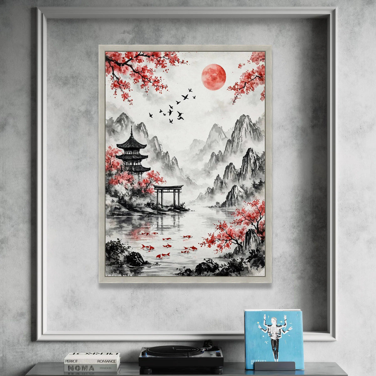 Serene Japanese Landscape Canvas, Cherry Blossom Wall Art, Koi Fish Pond Decoration, Mountain View Canvas, Asian Style Art Canvas Print Art