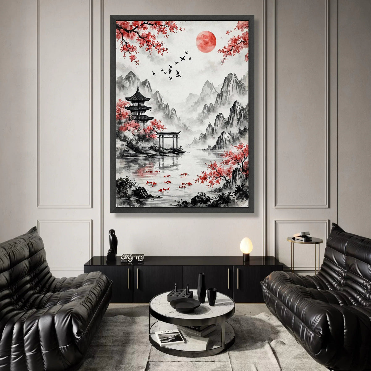 Serene Japanese Landscape Canvas, Cherry Blossom Wall Art, Koi Fish Pond Decoration, Mountain View Canvas, Asian Style Art Canvas Print Art