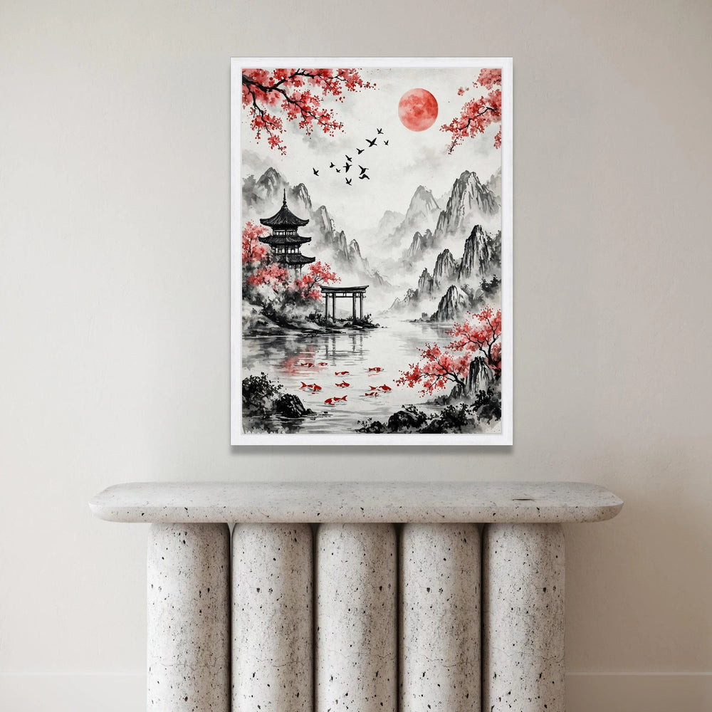 Serene Japanese Landscape Canvas, Cherry Blossom Wall Art, Koi Fish Pond Decoration, Mountain View Canvas, Asian Style Art Canvas Print Art