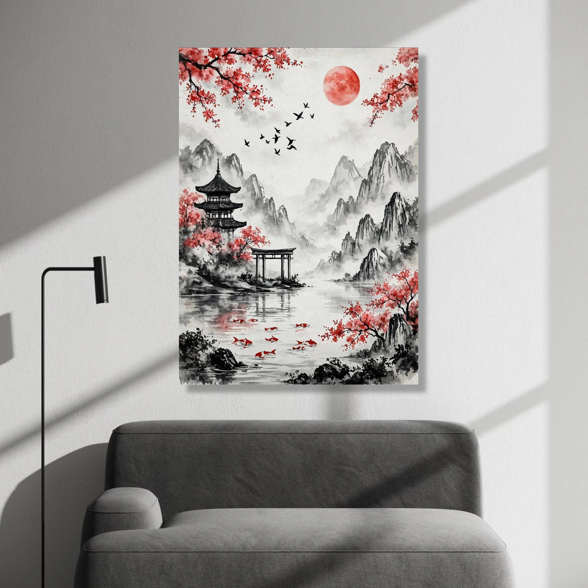 Serene Japanese Landscape Canvas, Cherry Blossom Wall Art, Koi Fish Pond Decoration, Mountain View Canvas, Asian Style Art Canvas Print Art