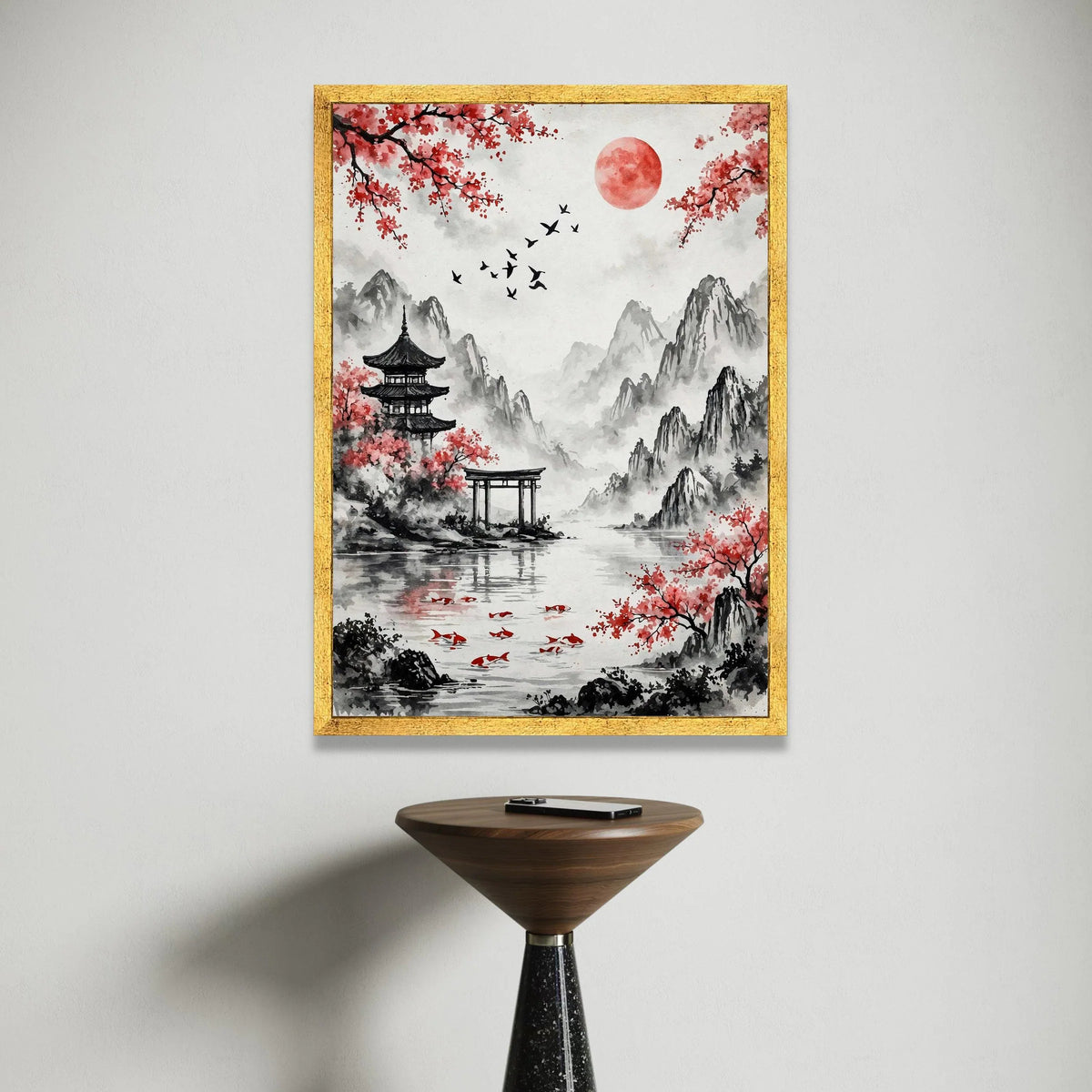 Serene Japanese Landscape Canvas, Cherry Blossom Wall Art, Koi Fish Pond Decoration, Mountain View Canvas, Asian Style Art Canvas Print Art