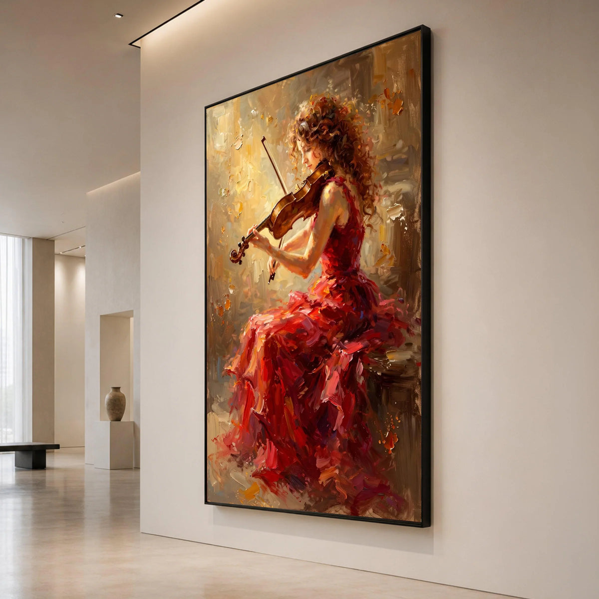 Elegant Violinist Red Dress Canvas, Classical Music Wall Art, Woman Playing Violin Painting, Musical Instrument Canvas, Canvas Print Art