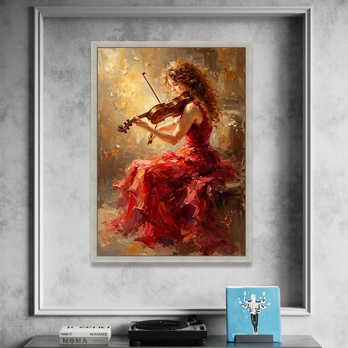 Elegant Violinist Red Dress Canvas, Classical Music Wall Art, Woman Playing Violin Painting, Musical Instrument Canvas, Canvas Print Art