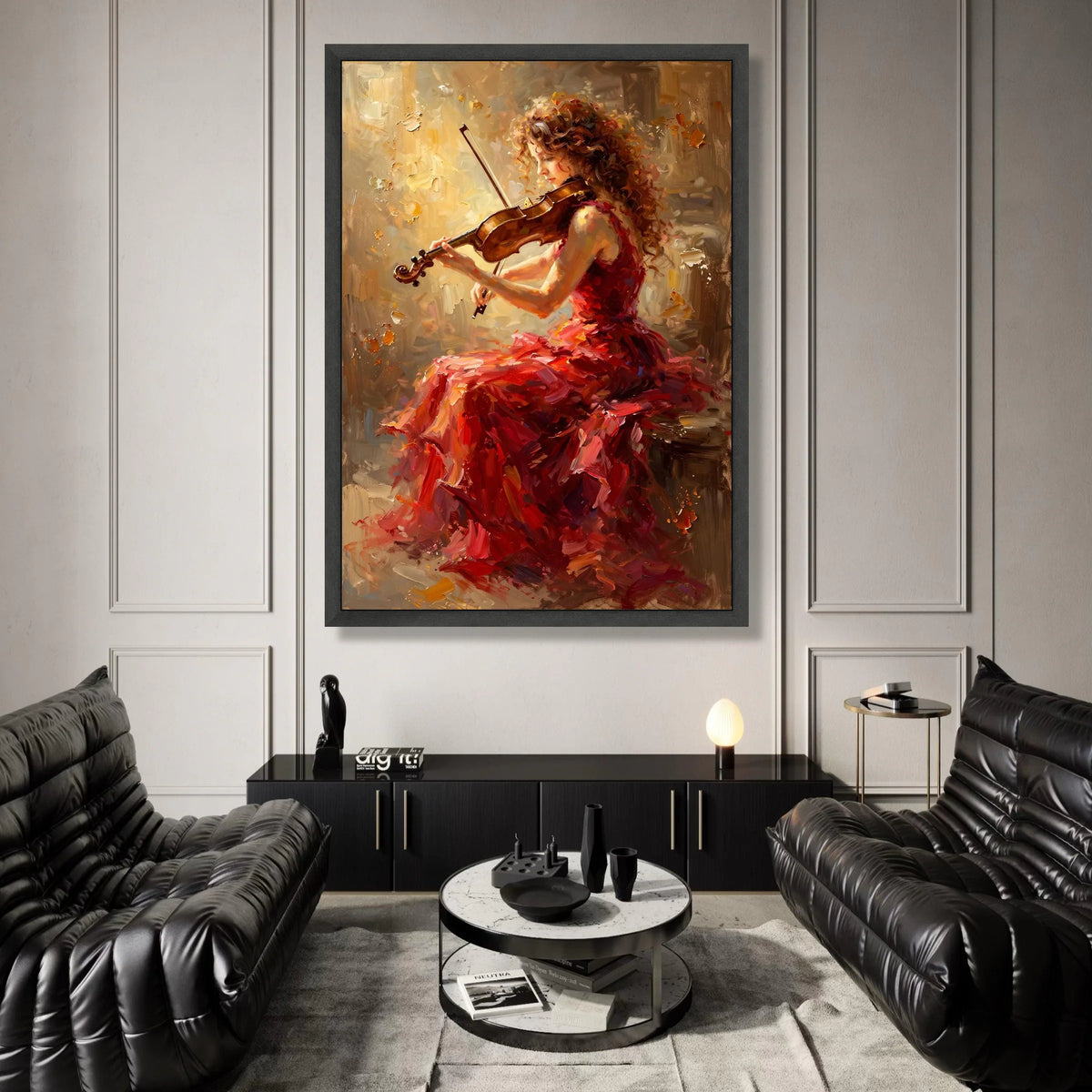 Elegant Violinist Red Dress Canvas, Classical Music Wall Art, Woman Playing Violin Painting, Musical Instrument Canvas, Canvas Print Art