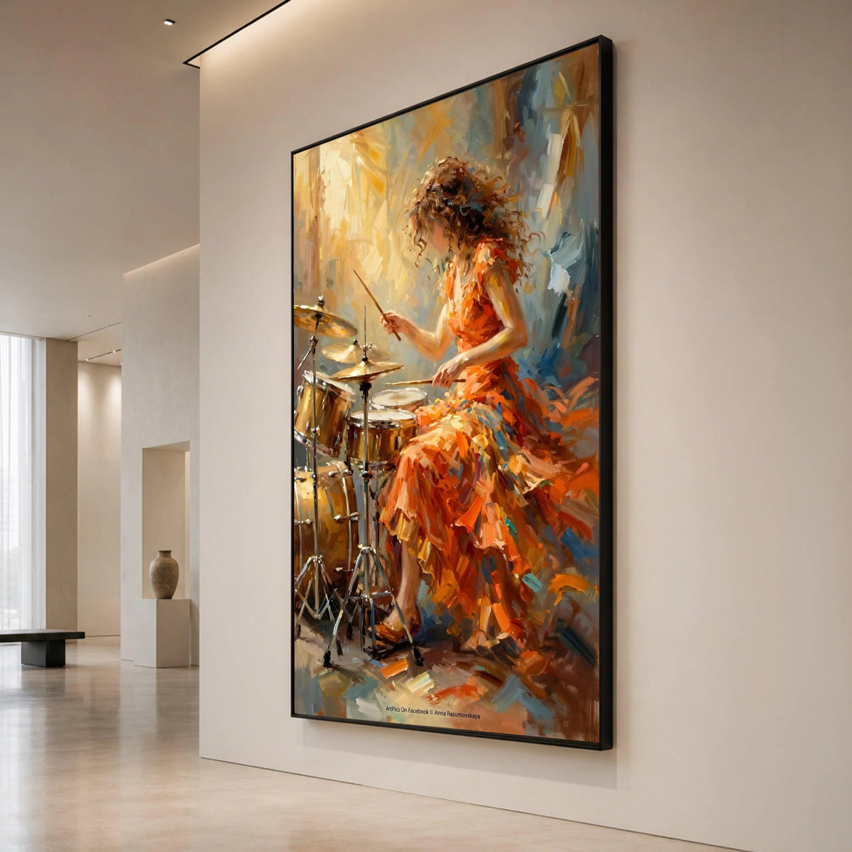Vibrant Female Drummer Canvas, Musical Instrument Art, Expressive Performance Wall Art, Abstract Music Theme Decoration Canvas Print Art