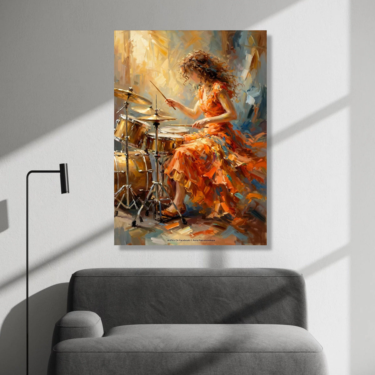 Vibrant Female Drummer Canvas, Musical Instrument Art, Expressive Performance Wall Art, Abstract Music Theme Decoration Canvas Print Art