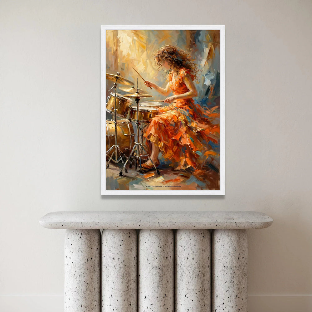 Vibrant Female Drummer Canvas, Musical Instrument Art, Expressive Performance Wall Art, Abstract Music Theme Decoration Canvas Print Art