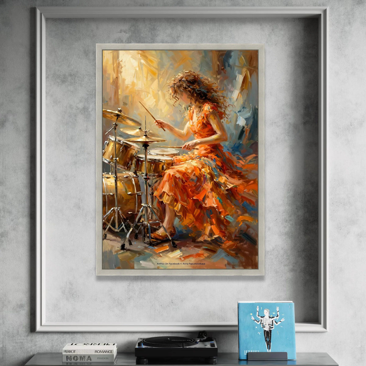Vibrant Female Drummer Canvas, Musical Instrument Art, Expressive Performance Wall Art, Abstract Music Theme Decoration Canvas Print Art